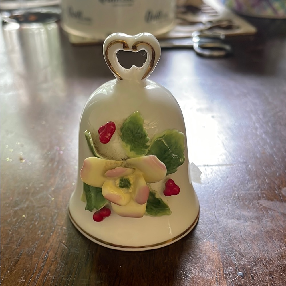 Floral Napco Bone China Bell with Heart Handle, gold trim